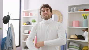 Kıvırcık saçlı, kendine güveni tam genç bir İspanyol. Moda aksesuarlarıyla dolu şık, parlak bir elbise odasında kollarını kavuşturmuş..