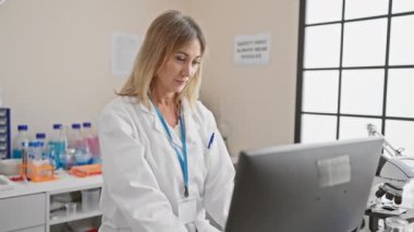 Üniformalı, neşeli, orta yaşlı, sarışın bilim kadını laboratuarda kazandığı heyecan verici zaferi kutluyor! Başarılı bir başarı onu kendine güvenen, muzaffer bir gülümsemeyle neşelendirdi.!