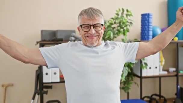 Веселый Пожилой Человек Напрягающий Мышцы Реабилитационной Клинике Демонстрирующий Хорошее Самочувствие — стоковое видео
