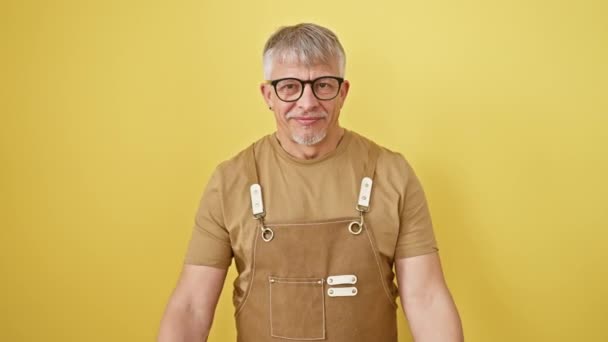 Orta Yaşlı Gri Saçlı Önlüklü Gözlüklü Bir Adam Elleriyle Para — Stok video
