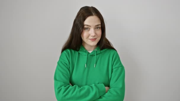 Cheerful Young Woman Wearing Sweatshirt Stands Isolated White Background Giving — Stock Video
