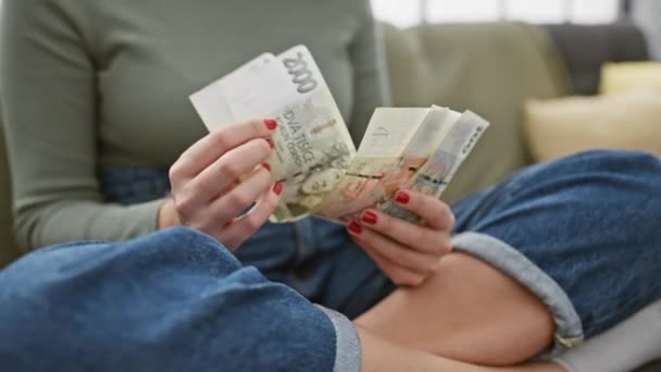 コーカサス女性は自宅のソファーにコルナの紙幣をカウントし 財務とライフスタイルを紹介 — ストック動画