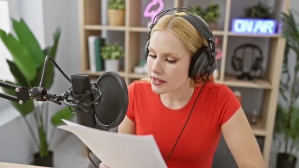 Blonde Γυναίκα Διαβάζει Σενάριο Στο Στούντιο Ραδιόφωνο Μικρόφωνο Και Ακουστικά — Αρχείο Βίντεο