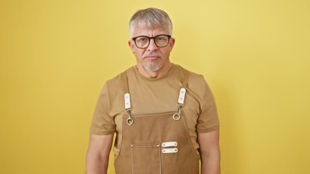 Shush Middle Aged Grey Haired Man Glasses Apron Gives Silent — Stock Video