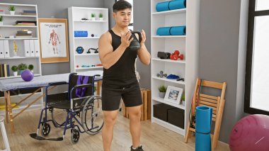 Genç Asyalı adam klinik rehabilitasyon odasında kettlebell ile egzersiz yapıyor, fitness ve fizik tedavi tasvir ediyor..