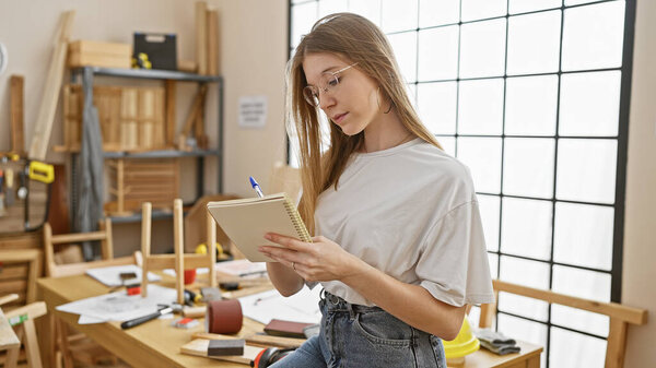 Молодая женщина концентрируется на записи в блокноте в хорошо освещенной столярной мастерской, окруженной деревообрабатывающими инструментами и проектами..
