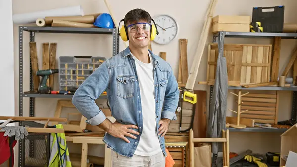 Laughing young hispanic man, a handsome carpenter wearing glasses, headphones, enjoying his work at a carpentry studio, creating stunning woodwork furniture