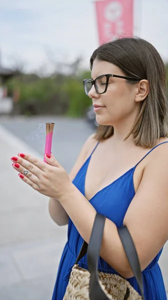 Beautiful Young Hispanic Woman Wearing Glasses Holding Incense Stick Ueno — Stock Photo, Image