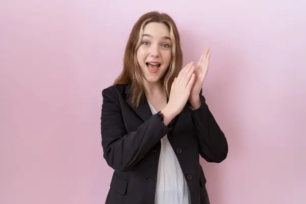 Young Caucasian Business Woman Wearing Black Jacket Clapping Applauding Happy — Stock Photo, Image