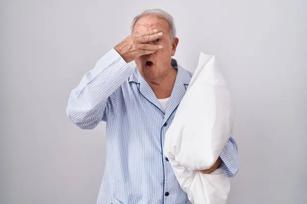 Senior Man Grey Hair Wearing Pijama Hugging Pillow Peeking Shock — Stock Photo, Image
