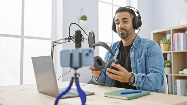 Hispanic Man Beard Hosting Podcast Modern Studio Laptop Microphone Table — Stock Photo, Image