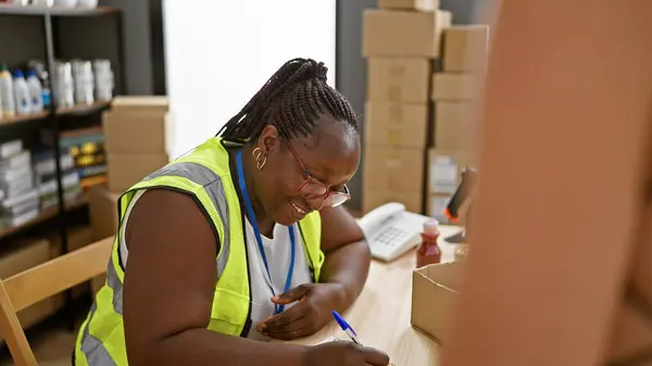 Smiling african american community volunteer woman sitting at table, taking altruistic notes in charity center warehouse
