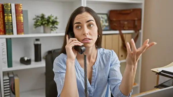 Young Beautiful Hispanic Woman Business Worker Talking Telephone Office — Stock Photo, Image