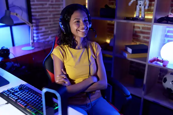 Young African American Woman Streamer Smiling Confident Sitting Arms Crossed — Stock Photo, Image