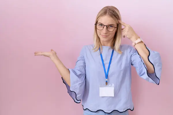 Young Caucasian Business Woman Wearing Card Confused Annoyed Open Palm — Stock Photo, Image