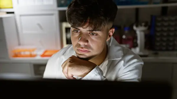 In a flickering light of the laboratory, a young, serious-faced hispanic man, a professional scientist, immerses in his computer-assisted research, unlocking mysteries of medicine and biology.