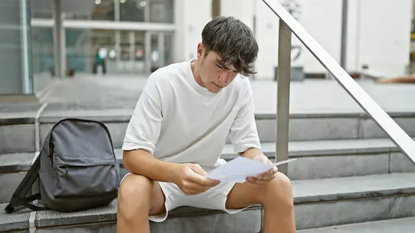 Cool, young hispanic university student lost in thought while casually reading document, sitting on campus stairs outdoors