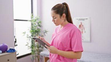 Pembe önlüklü, at kuyruklu, parlak bir klinik odasında not alan odaklanmış bir kadın..