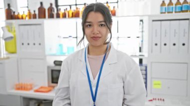 Genç İspanyol bilim kadını laboratuvar ortamında güvenlik gözlüğü takıyor..