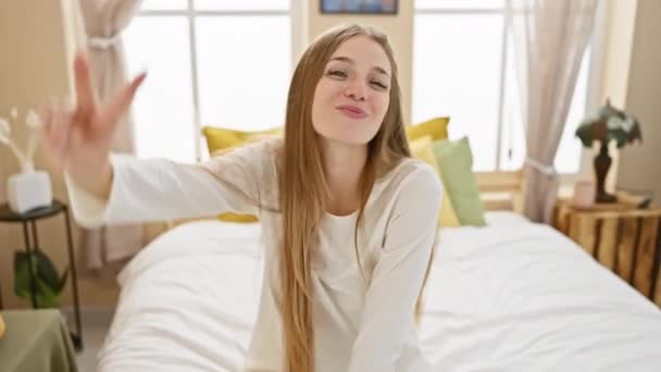 Neşeli Genç Bir Kadın Neşe Saçarak Yatak Odasında Poz Veriyor — Stok video