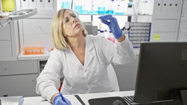 現代の実験室でサンプルを分析する中年の女性科学者 — ストック動画