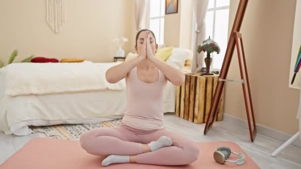 Woman Practicing Yoga Peaceful Home Interior Showing Wellbeing Serenity Meditation — Stock Video