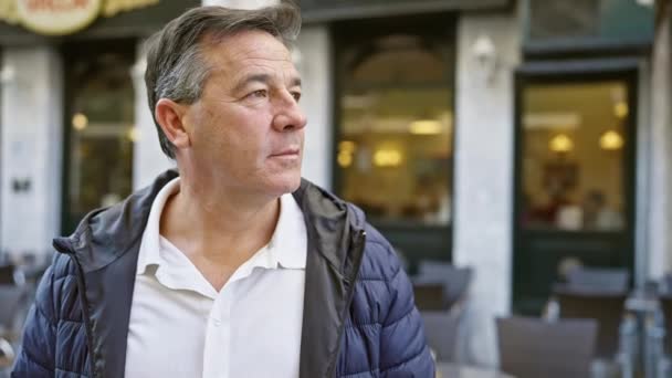 Homme Mûr Tenue Décontractée Debout Extérieur Près Café Dans Cadre — Video