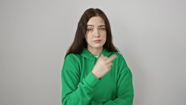 Angry Young Woman Boldly Showing You Middle Finger Wearing Sweatshirt — стоковое видео