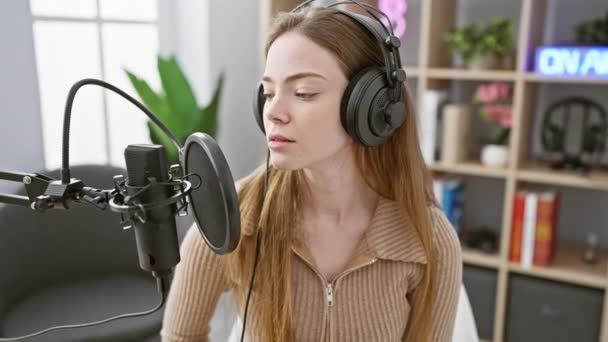 Biała Kobieta Blond Włosami Słuchawkach Studiu Radiowym Mikrofonem Znakiem Antenie — Wideo stockowe