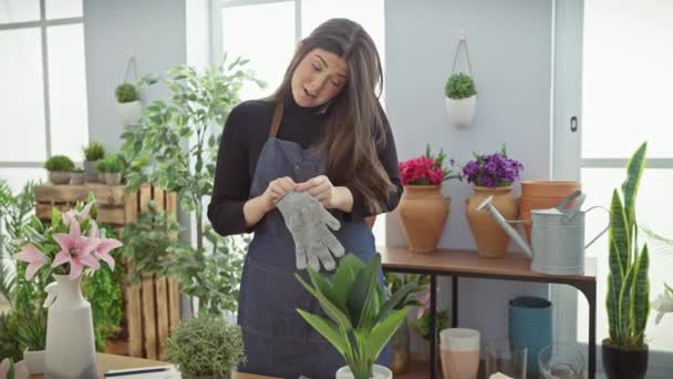 穿着围裙的年轻惊慌失措的女人在室内的花店里戴着手套 里面有植物和花盆 — 图库视频影像