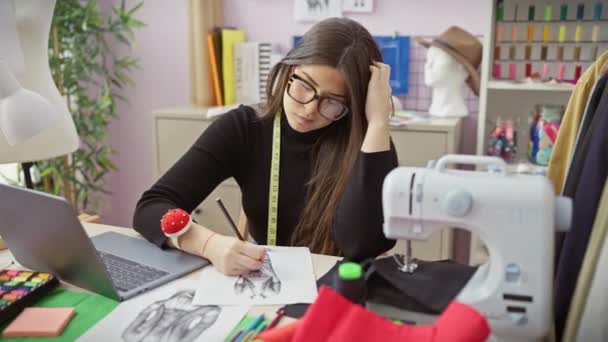 Düşünceli Bir Kadın Dikiş Ekipmanlarıyla Çevrili Renkli Bir Atölyede Tasarım — Stok video
