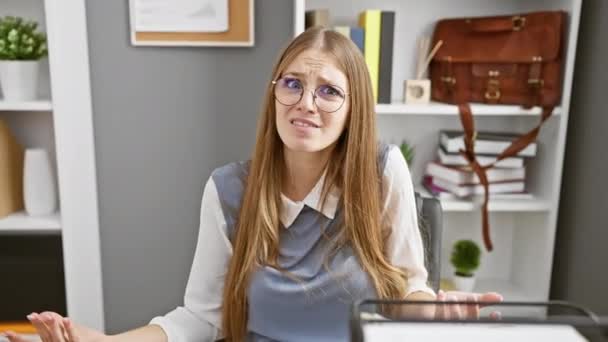 無能な若いブロンドのビジネス女性 アイデアの概念 オフィスで困惑するオープンアーム 決定拒絶の人格化 — ストック動画