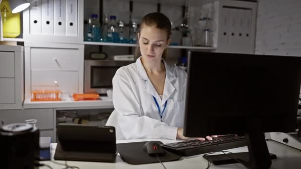Μια Στοχευμένη Νεαρή Γυναίκα Λευκή Ρόμπα Εργαστηρίου Που Δουλεύει Υπολογιστή — Αρχείο Βίντεο