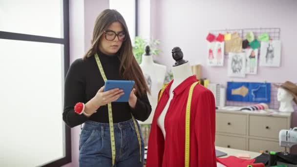 Eine Konzentrierte Designerin Untersucht Ein Kleidungsstück Auf Einer Schaufensterpuppe Einem — Stockvideo