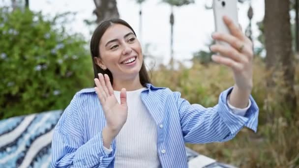 Smiling Young Hispanic Woman Striped Shirt Having Video Call Smartphone — Stock Video