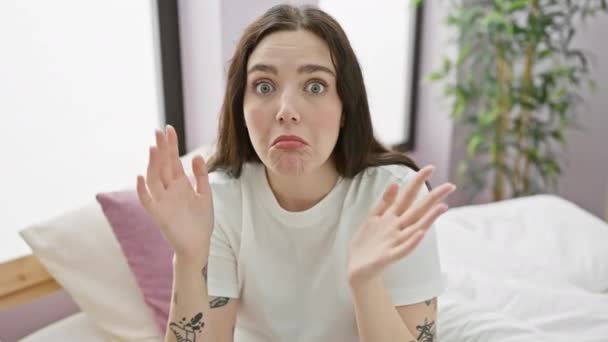 Genç Güzel Bir Kadın Pijamayla Yatağında Habersiz Oturuyor Kafası Karışmış — Stok video