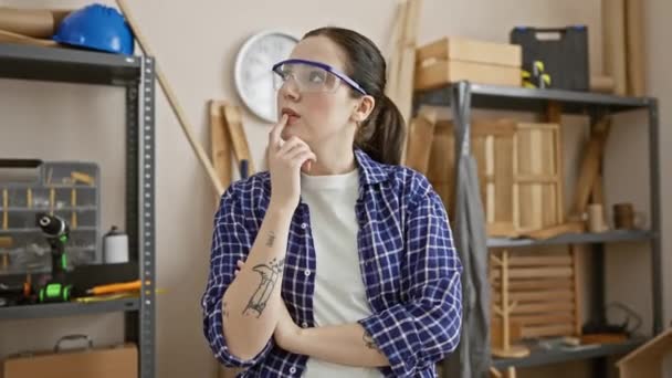 Jovem Atenciosa Óculos Segurança Uma Oficina Marcenaria — Vídeo de Stock