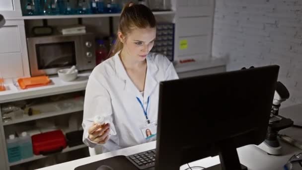 Egy Fiatal Koncentrált Gyógyszerész Gyógyszereket Tart Magánál Miközben Számítógépen Dolgozik — Stock videók