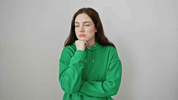 Sweatshirt Giymiş Stresli Genç Bir Kadın Kriz Konusunda Endişeli Ele — Stok video