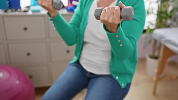 Femme Mature Faisant Exercice Avec Des Haltères Dans Intérieur Une — Video
