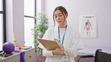Beyaz laboratuvar önlüklü, odaklanmış bir İspanyol kadın aydınlık bir rehabilitasyon kliniğinde notlar alıyor.
