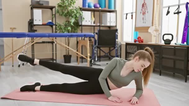 Blanke Vrouw Oefenen Roze Mat Fysiotherapie Rehab Kliniek — Stockvideo