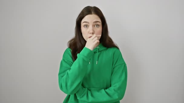 Quiet Young Woman Sweatshirt Zipping Her Lips Shut Fingers Forbidden — Stock Video