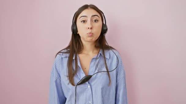 Vtipný Portrét Mladé Krásné Hispánské Ženy Nafoukané Tváře Osamělém Růžovém — Stock video