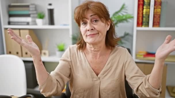 オフィスの高齢女性は ラップトップを介して怒りを伝える 手を飛ばして ワイルドに表現し 大きな声で口を広げます 部屋のストレスパラブル — ストック動画