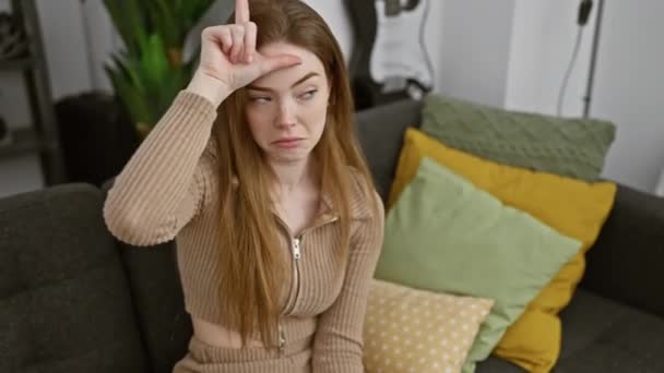 年轻的金发女人 在家里 穿着毛衣 拿着手指头在额头上做失败者的手势 取笑别人 开玩笑地嘲笑别人 — 图库视频影像