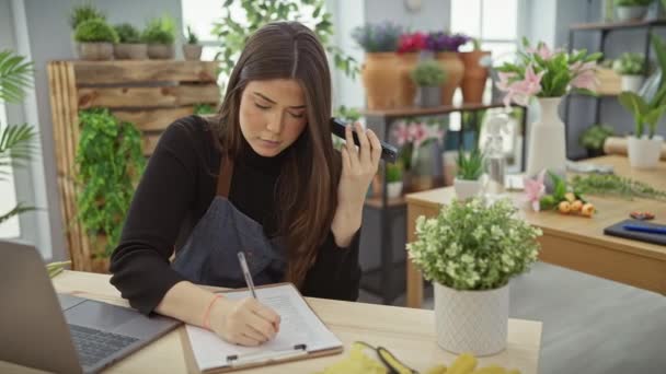 Young Woman Listens Voice Message While Taking Notes Modern Florist — Stock Video