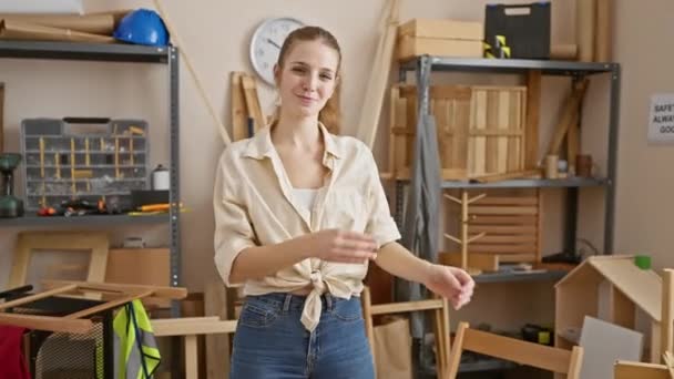 작업장에서 여자의 초상화 조각으로 둘러싸여 — 비디오