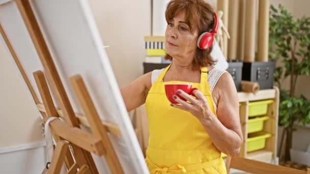 イエローエプロンの成熟した女性は 音楽を聞き 赤いカップを保持しながら 屋内キャンバスに絵を描きます — ストック動画