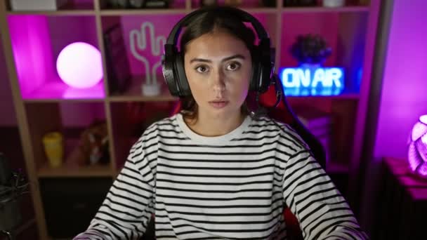 Surprised Hispanic Woman Headphones Colorful Gaming Room Night — Stock Video